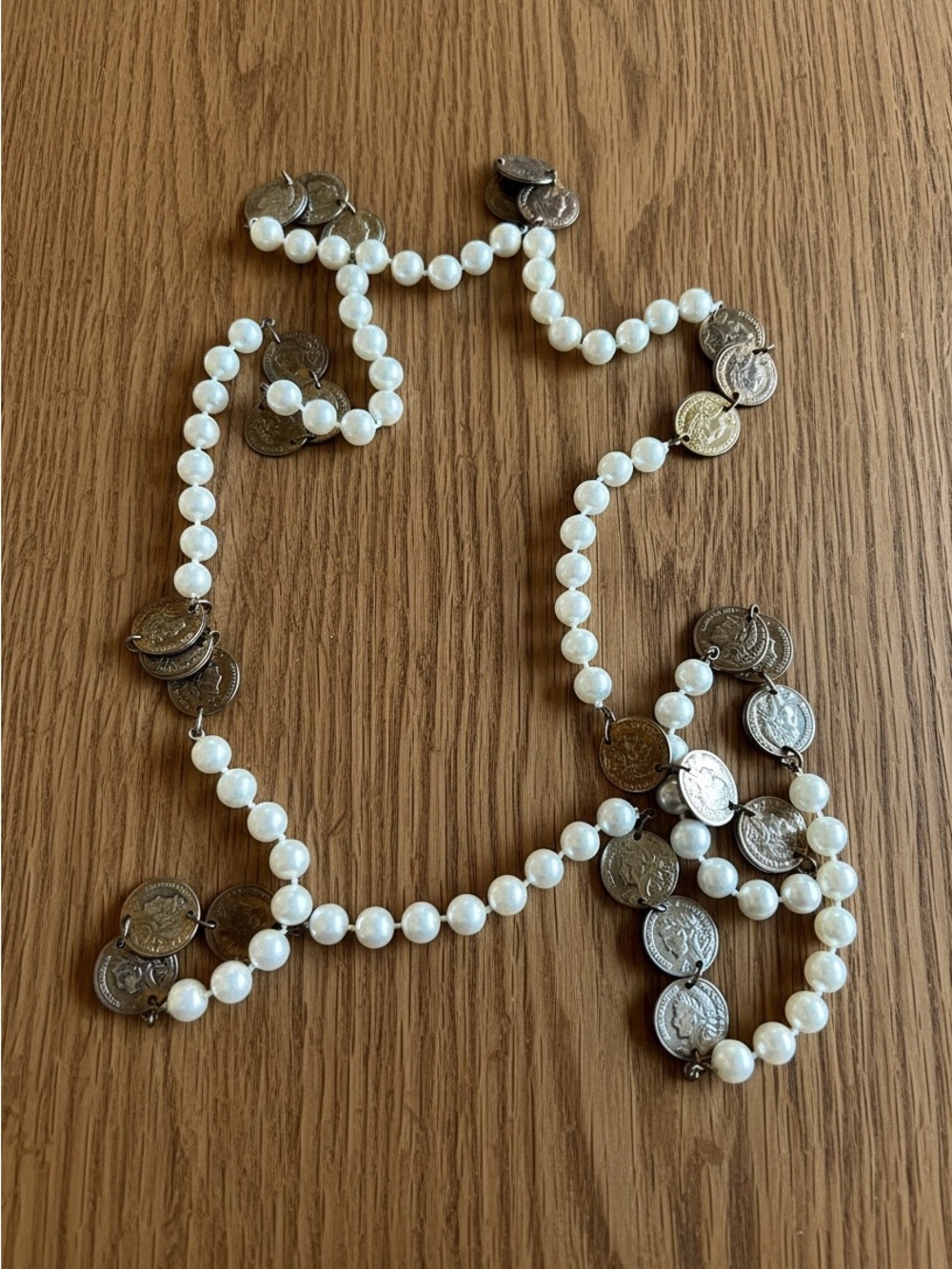 Vintage Faux Pearl & Coin Long Continuous Strand Statement Necklace